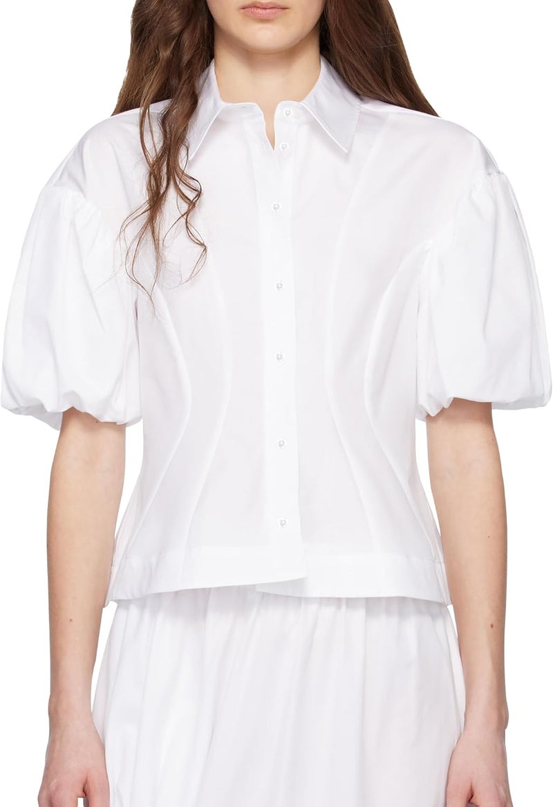 SUNNOW Women's White Cropped Puff Sleeve Blouse Shirt Casual Short Sleeve Tops - Image 1